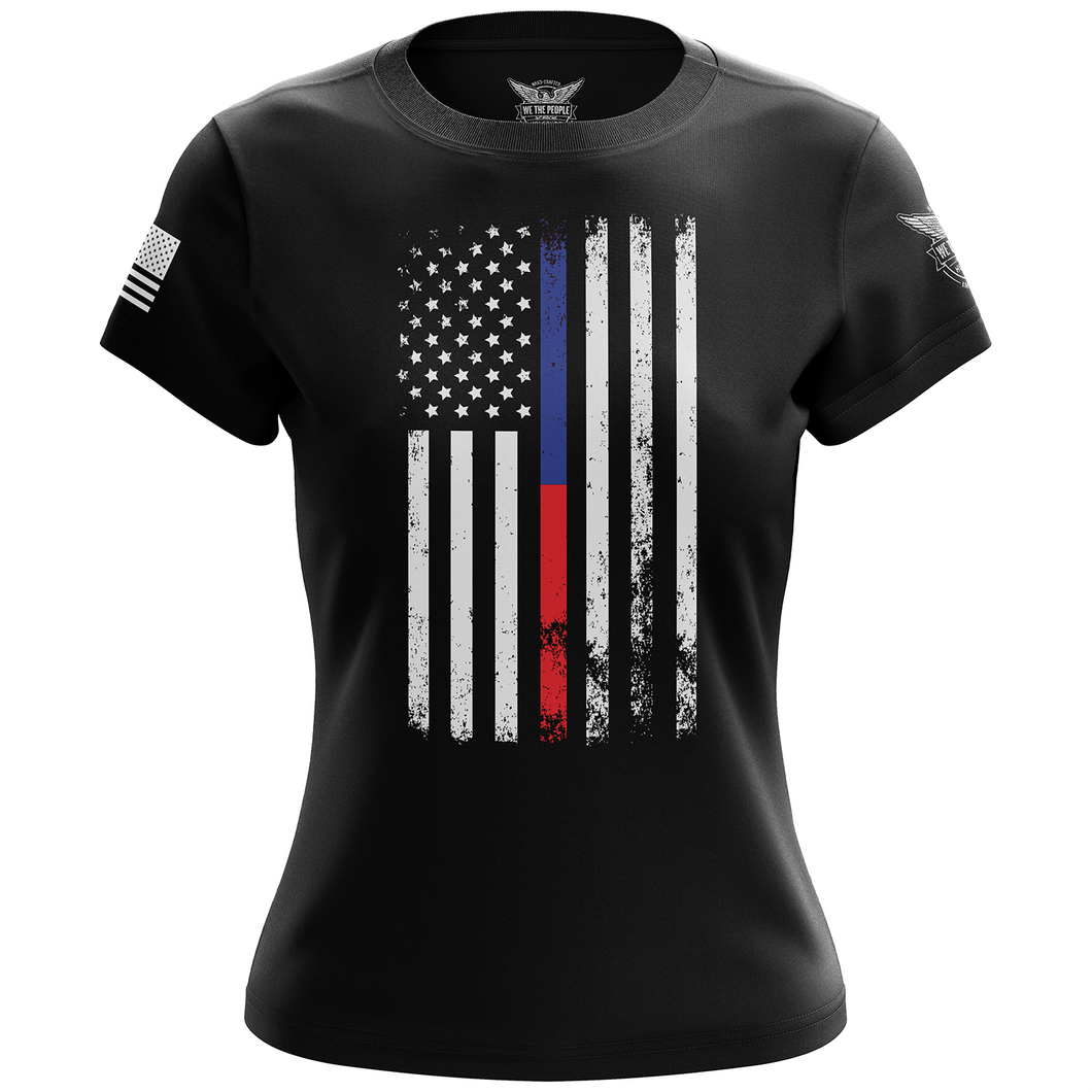 American Flag Thin Blue/Red Line Public Service Support Women's Short Sleeve Shirt
